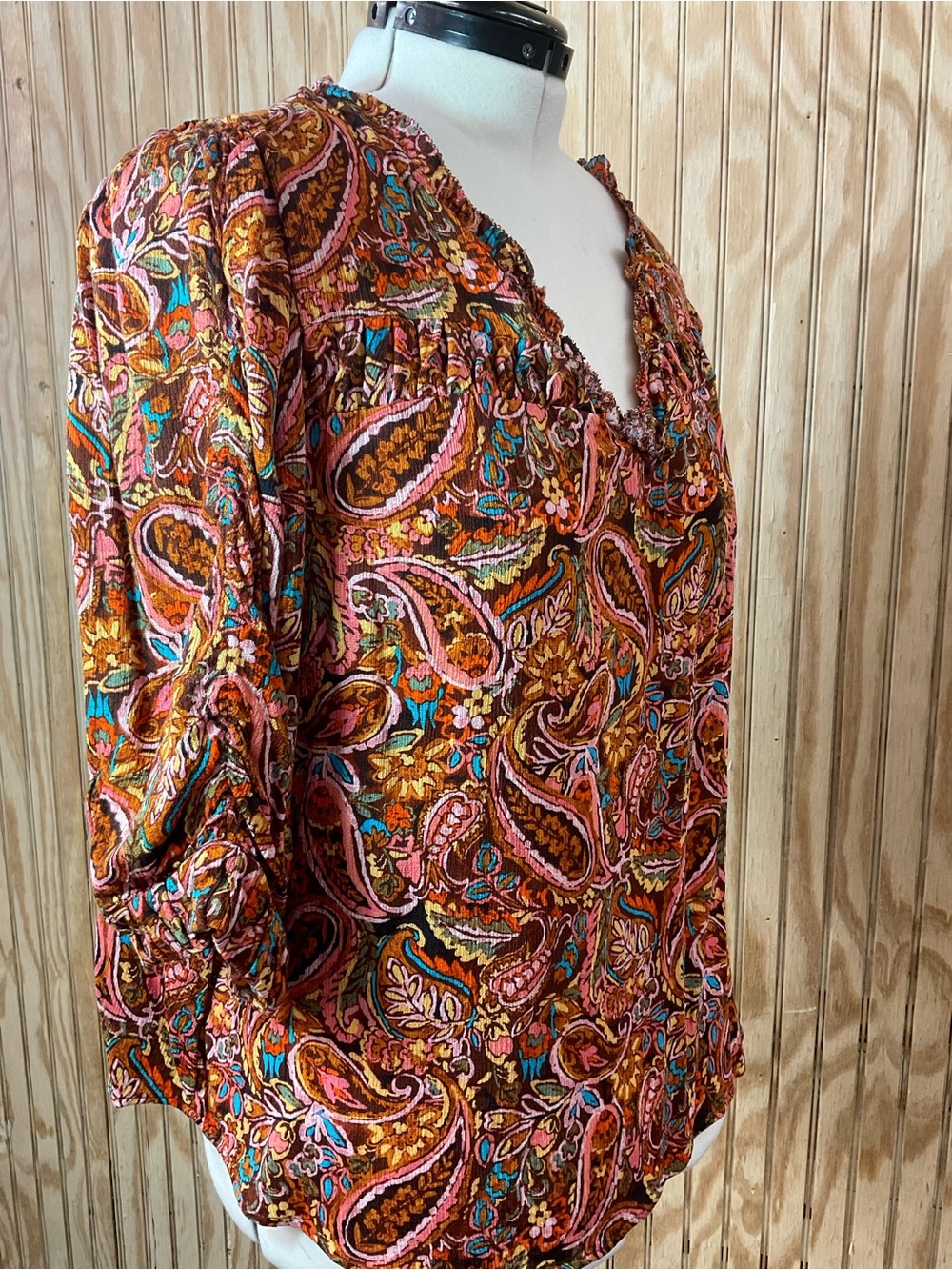 Democracy Paisley V-Neck Blouse in Brown, Pink and Teal - Picture 2 of 5